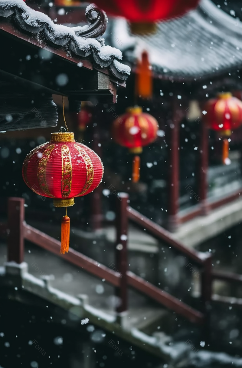 传统建筑屋檐下的灯笼雪景,高清,摄影图,摄影图片,图片大全,摄影图免费下载